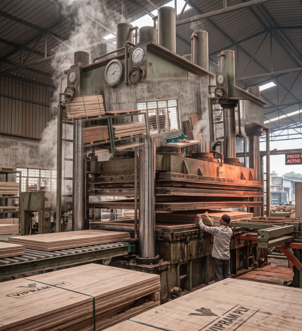 Close view of plywood pressing machinery
